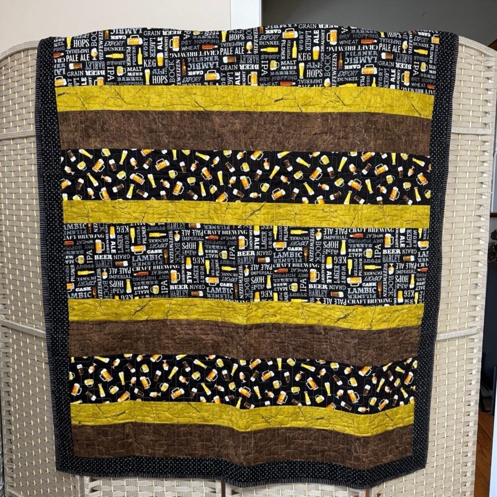 Handmade Quilt BEER BAR Theme Throw 45x66 Fun Novelty Gift Black Gold Brown EUC